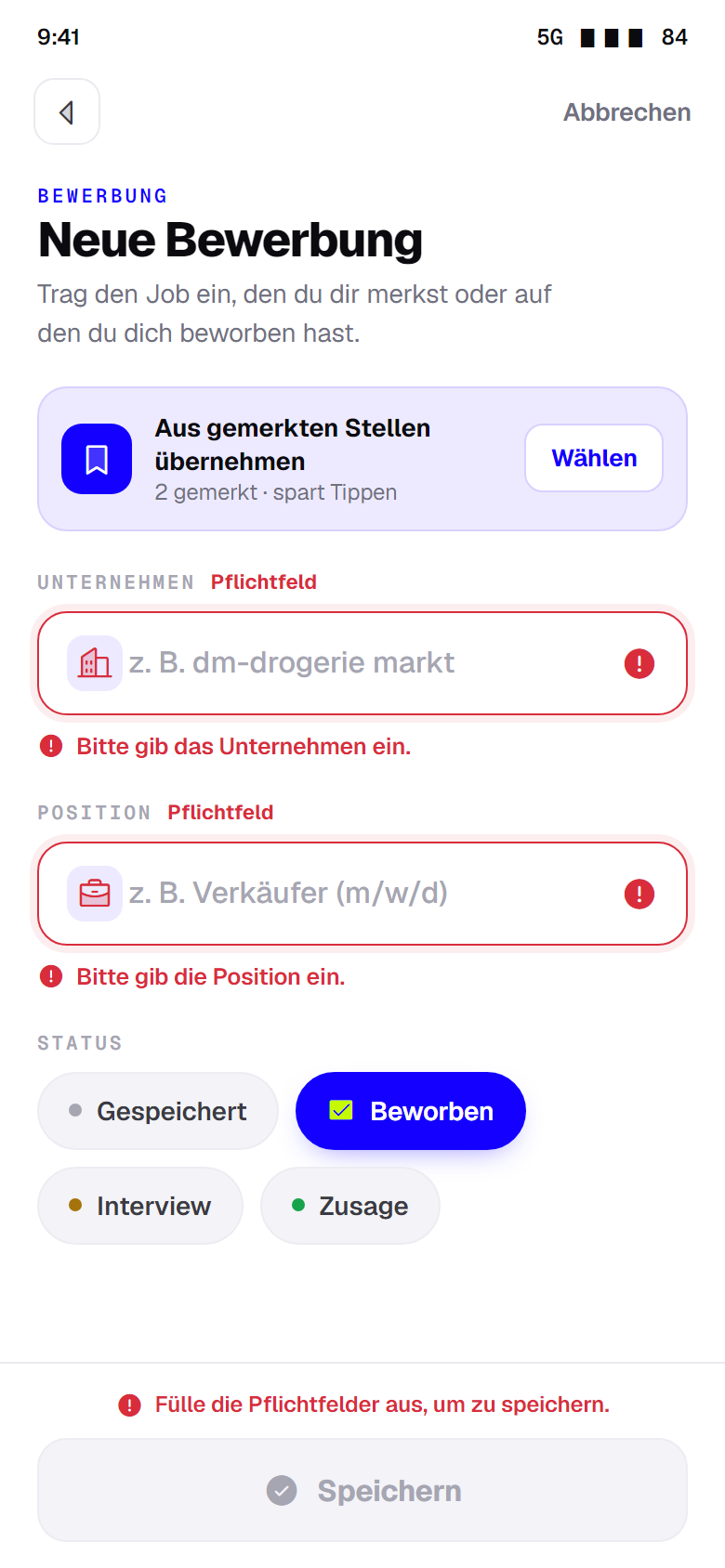 Eintragen · Fehler
